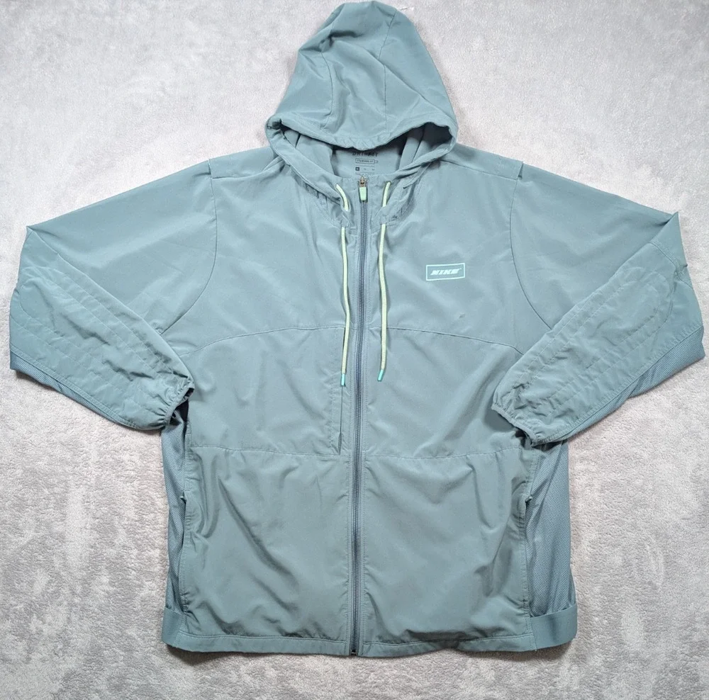 Nike Sport Clash Jacket Mens XL Turquoise Hooded Full Zip Dri Fit Windbreaker